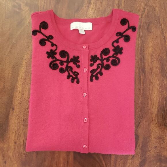 Vintage 80's Cardigan Sweater Black Soutache Red Faceted Buttons - Picture 1 of 14